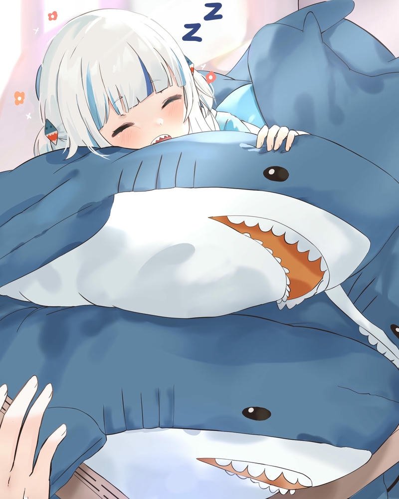Gawr Gura dễ thương ngủ say sưa bên gối ôm cá mập