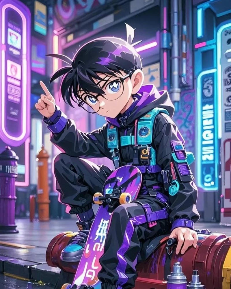 Hình nền Conan ngồi trên nóc nhà thành phố đèn neon cyberpunk ngầu