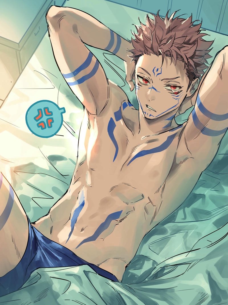 Hình nền Sukuna nằm thư giãn trên giường nệm êm ái quyến rũ