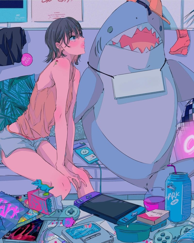 Hình nền anime cá mập căn phòng bừa bộn nhiều gấu bông