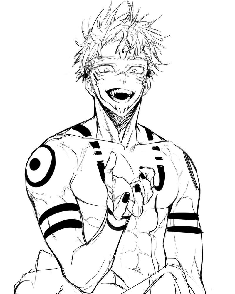 Hình vẽ Sukuna đen trắng cười lớn điên dại vô cùng đáng sợ