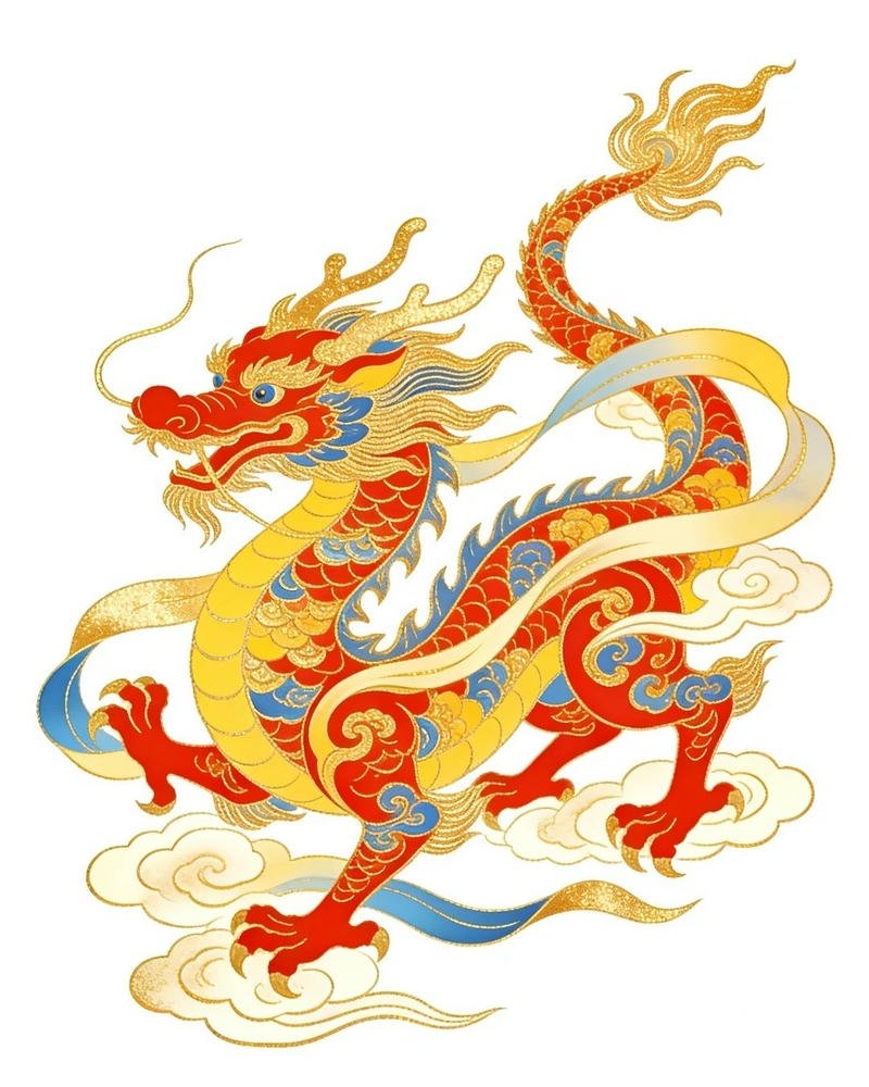 Hình vẽ rồng phương đông màu vàng đỏ rực rỡ ấn tượng
