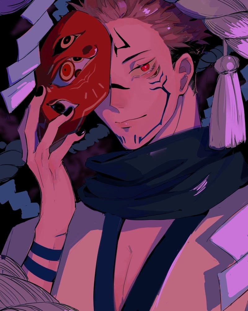 Nguyền vương Sukuna cầm mặt nạ đỏ phong cách cổ trang nhật bản