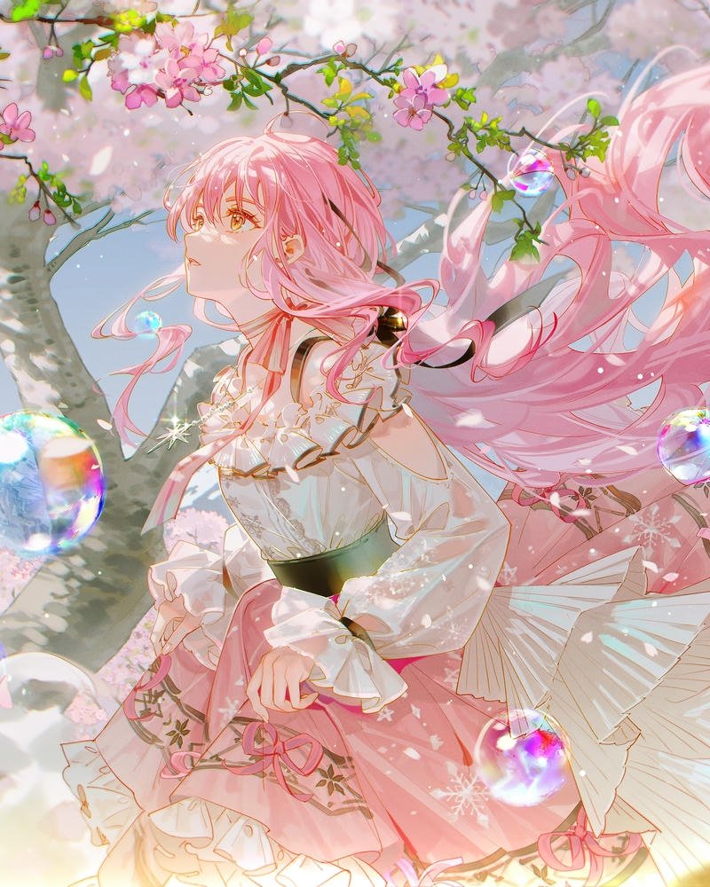 Nhân vật nữ anime với mái tóc hồng đáng yêu