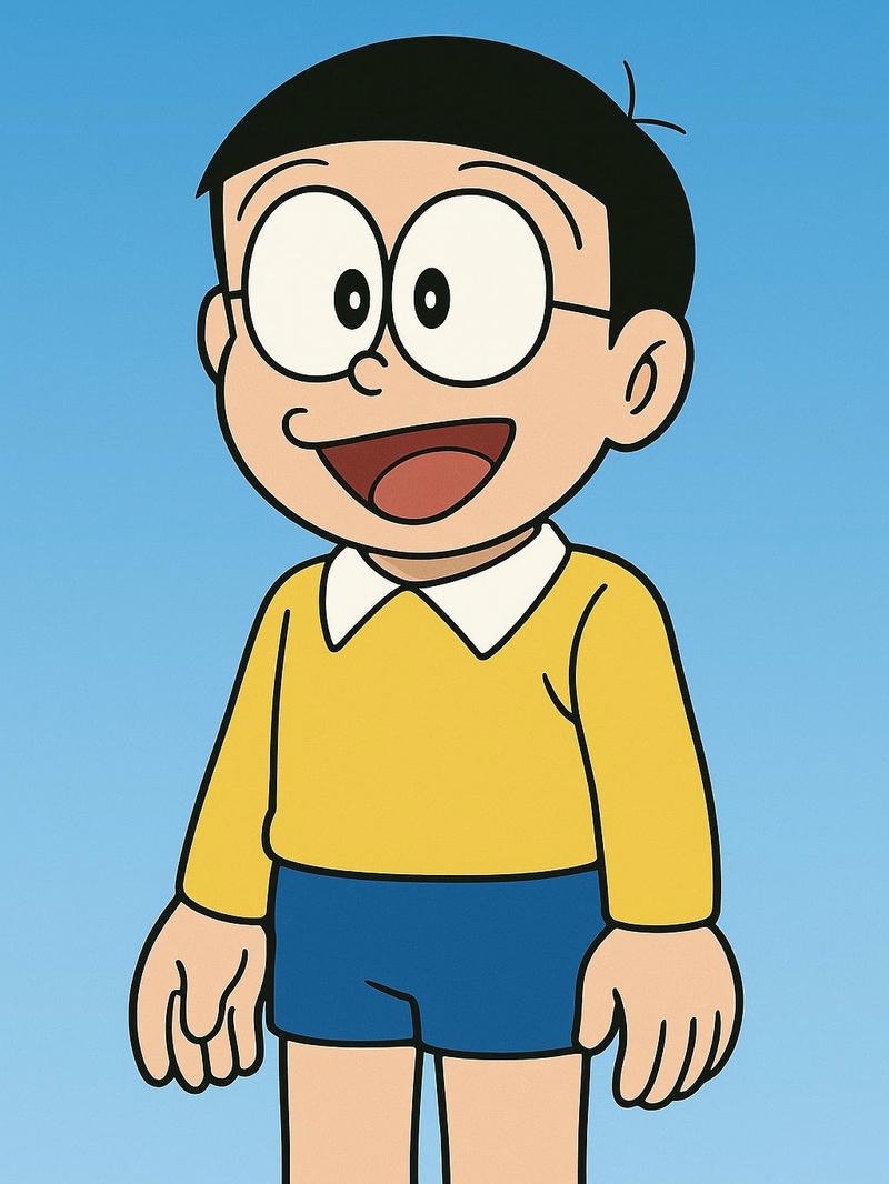 Nobita đứng thẳng nghiêm túc mặc áo vàng quần xanh