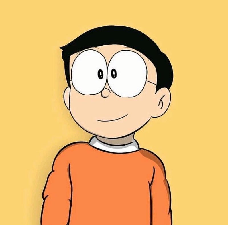 Nobita mặc áo cam mỉm cười hiền lành thân thiện