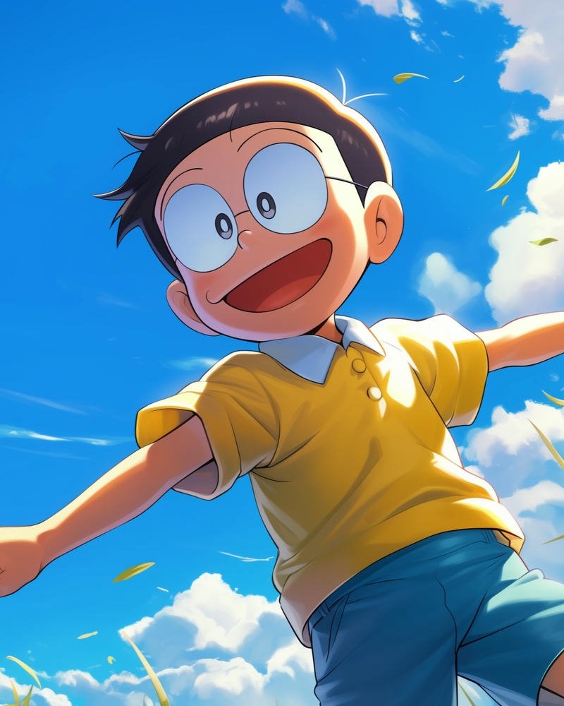 Nobita vui vẻ chạy nhảy dưới bầu trời trong xanh