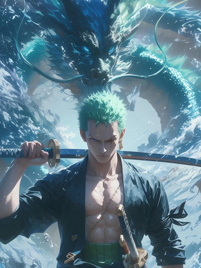 Rồng xanh anime và kiếm sĩ dũng mãnh cầm kiếm sắc bén