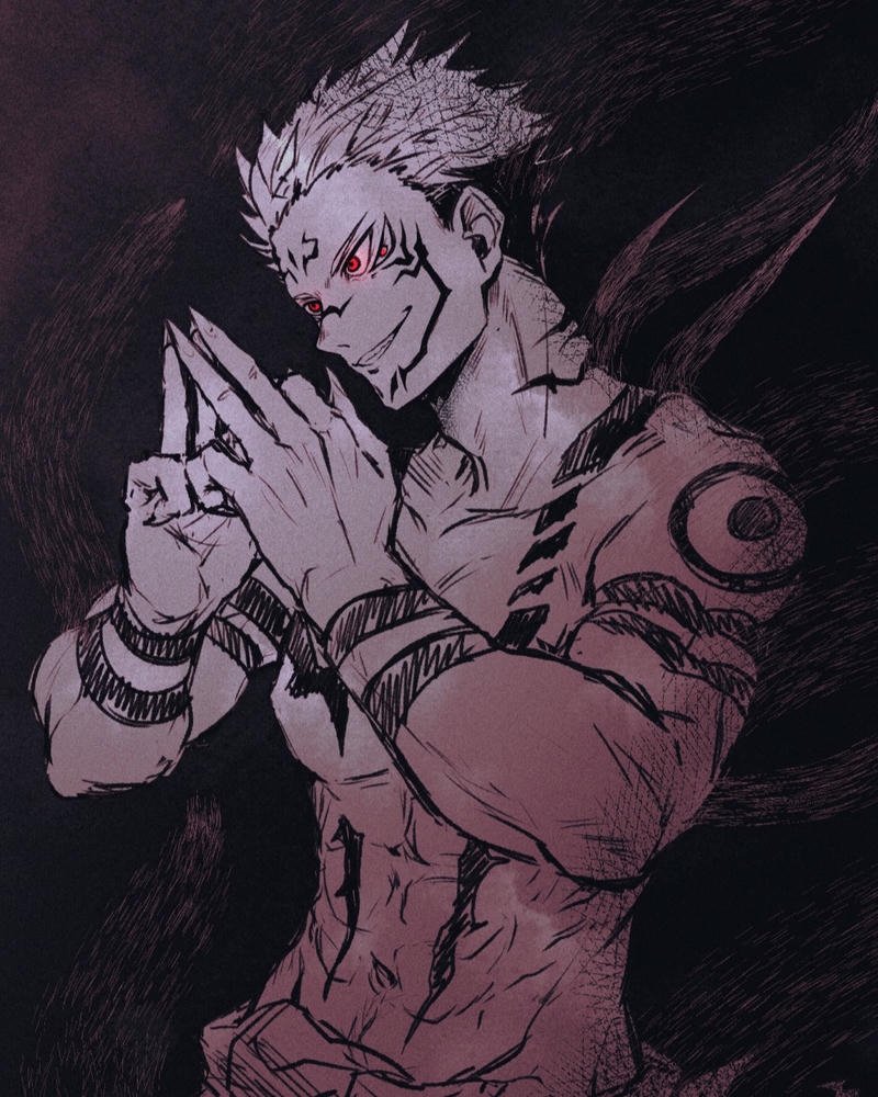 Ryomen Sukuna chắp tay cầu nguyện với vẻ mặt tà ác bí ẩn