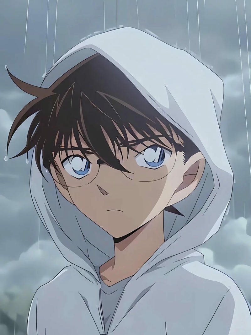 Shinichi mặc áo hoodie trắng trùm đầu dưới trời mưa buồn tâm trạng