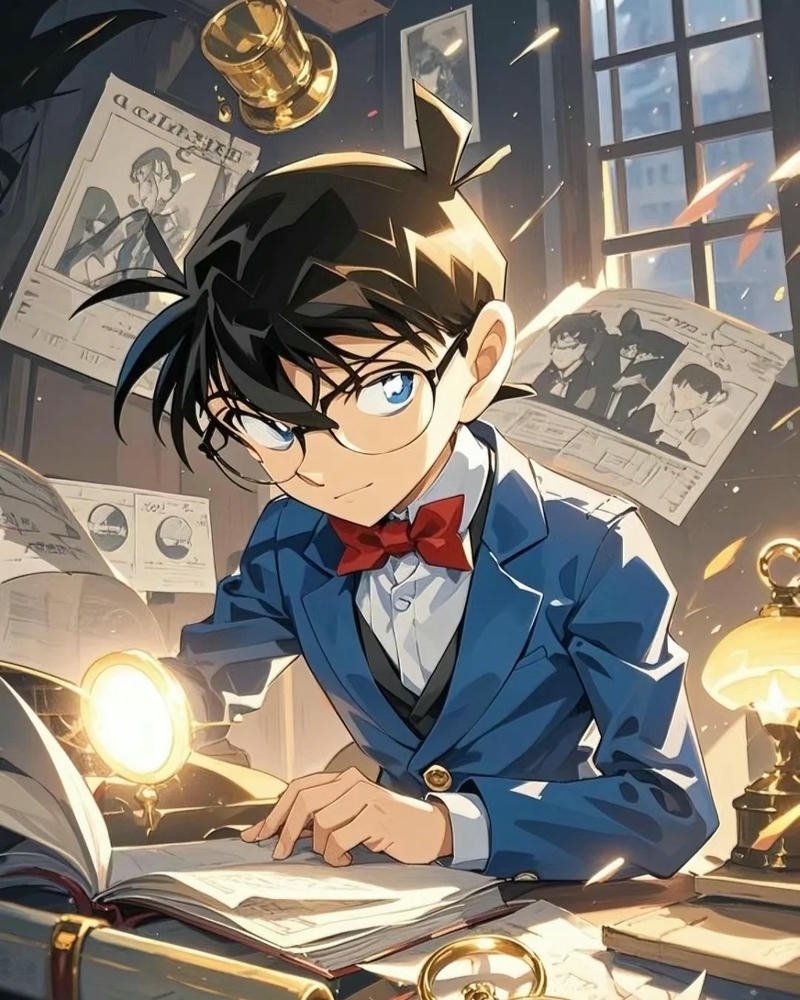 Thám tử Conan ngồi bàn làm việc nghiên cứu hồ sơ vụ án khó