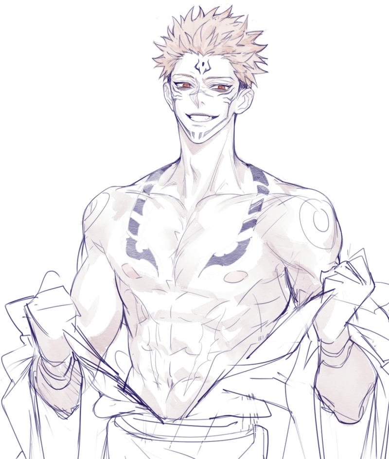 Tranh nét Sukuna cởi trần cơ bắp cuồn cuộn mạnh mẽ nam tính