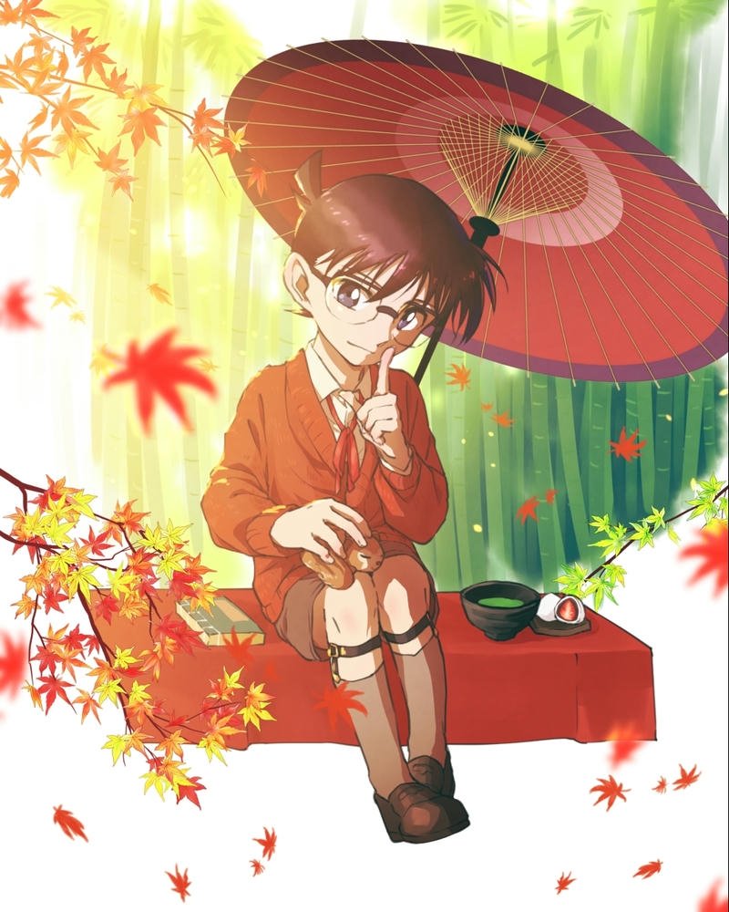Tranh vẽ Conan cầm ô đỏ ngồi dưới mưa lá phong nghệ thuật