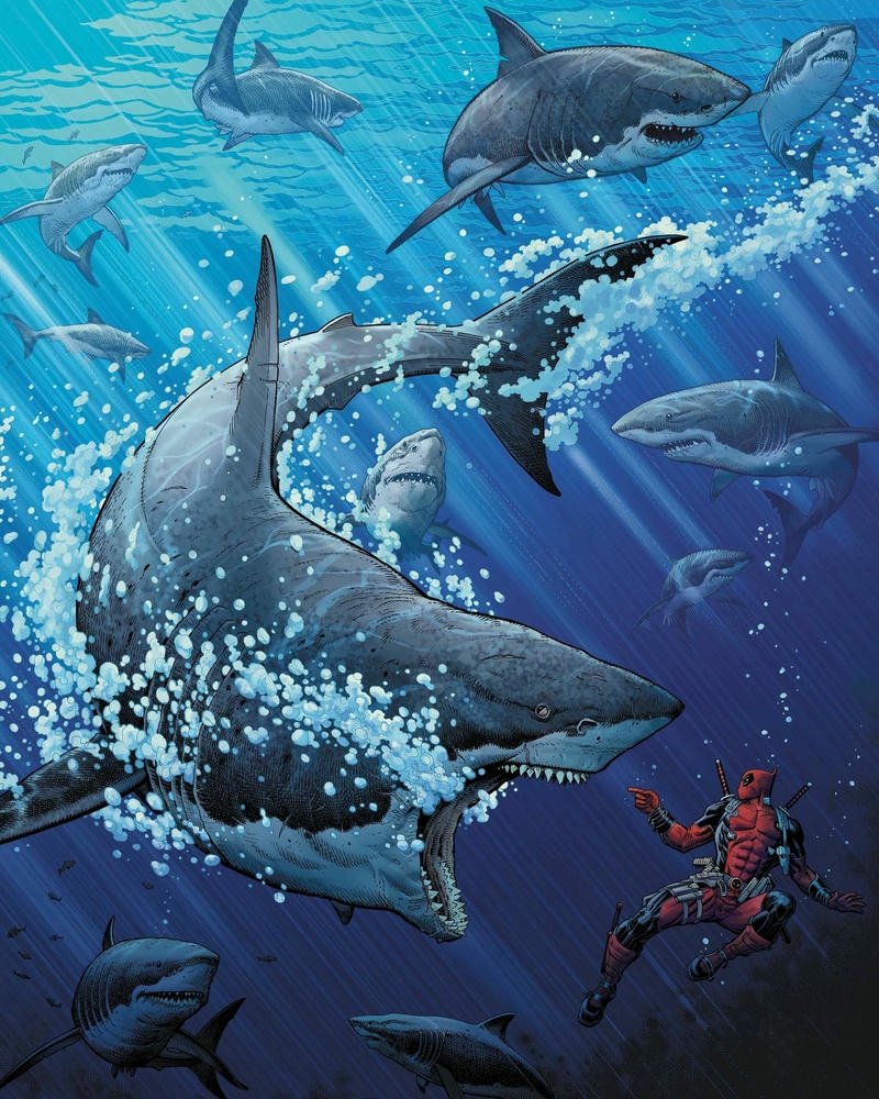 Tranh vẽ đàn cá mập bơi lội săn mồi dưới biển sâu