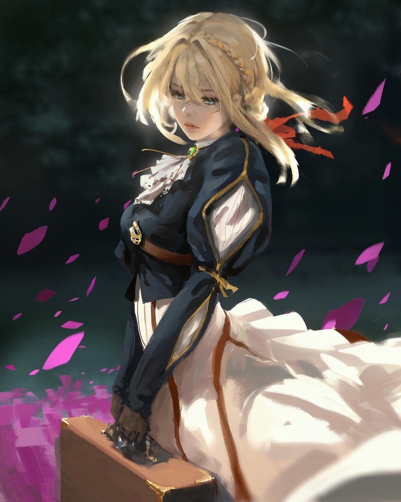 Violet anime đứng đợi dưới tán cây đầy lá rụng
