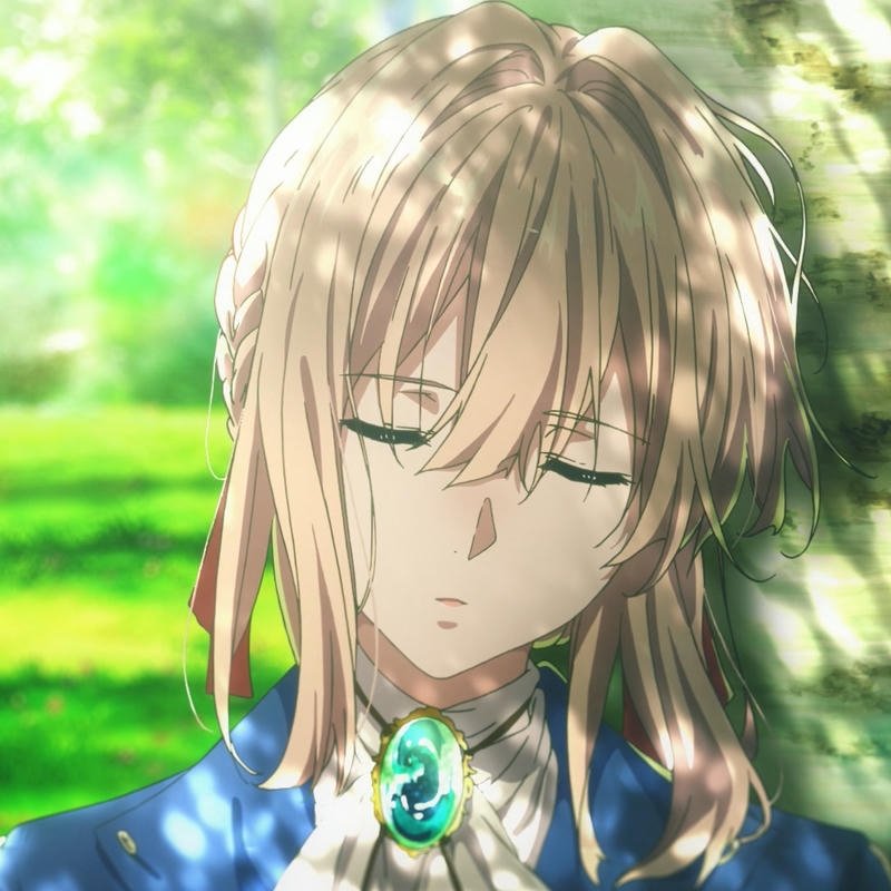Violet anime ngủ gật dưới tán cây nắng chiếu nhẹ nhàng