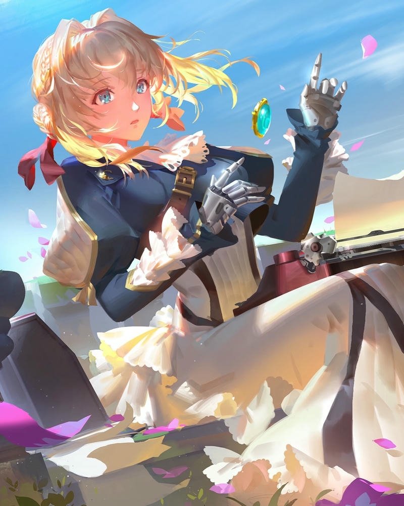 Violet anime tạo dáng năng động giữa bầu trời xanh thẳm