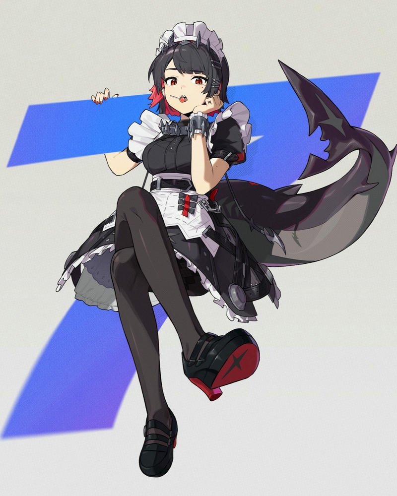 Waifu cá mập tóc đỏ đen ngồi vắt chân kiêu ngạo