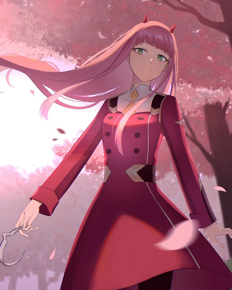 Zero Two anime đứng giữa rừng hoa anh đào rơi