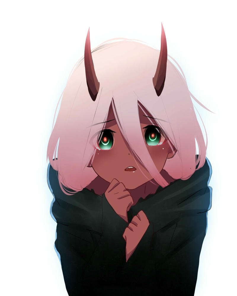 Zero Two anime phiên bản nhỏ quàng khăn đen buồn