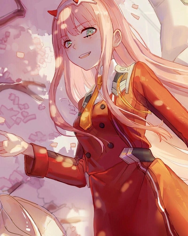 Zero Two cute đứng dưới tán hoa anh đào hồng