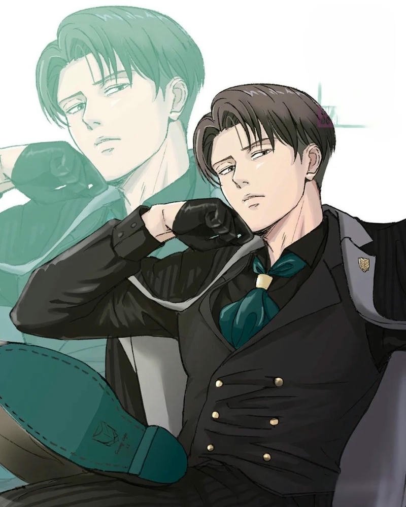 Ảnh Levi Ackerman mặc vest sang trọng bên Erwin Smith