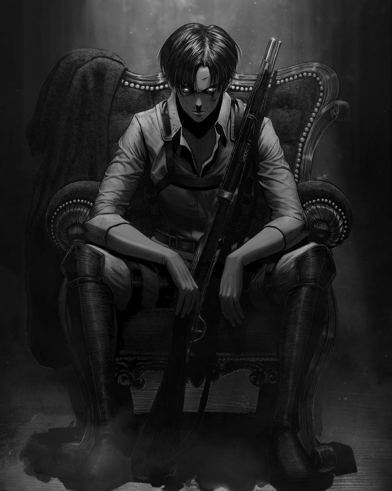 Ảnh Levi Ackerman ngồi trong bóng tối đầy vẻ bí ẩn
