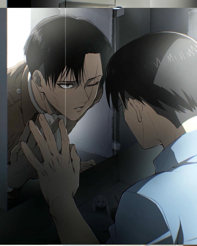 Ảnh Levi Ackerman nhìn vào gương phản chiếu đầy tâm trạng