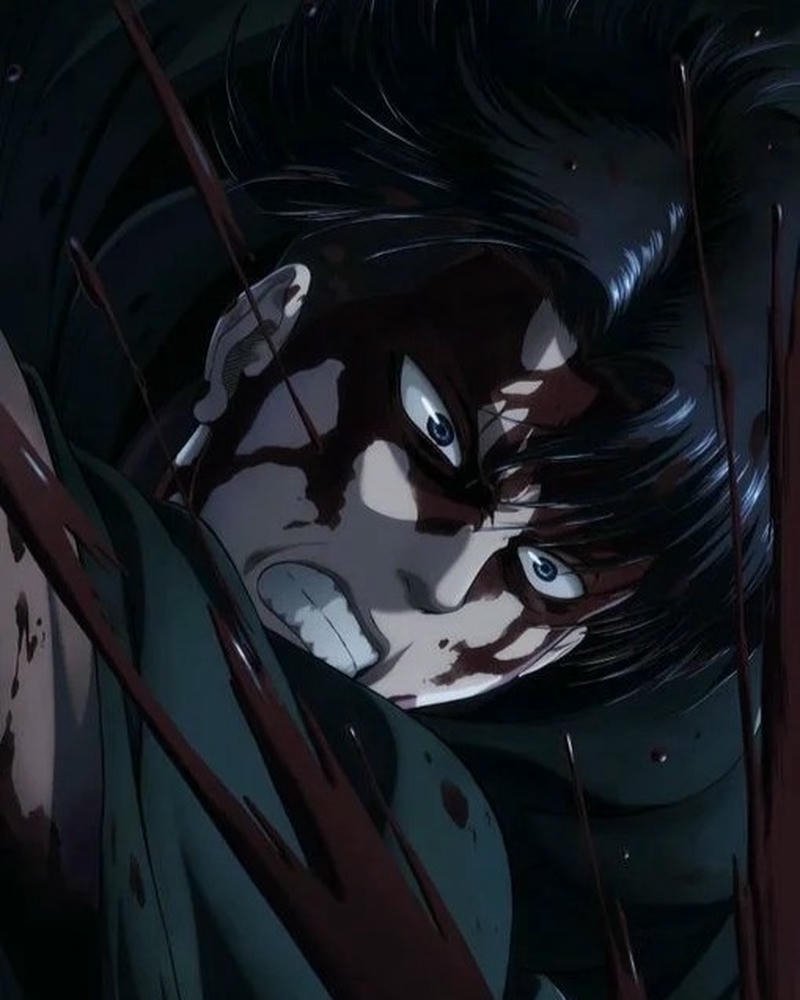 Anime Levi khuôn mặt dính máu chiến đấu tàn khốc