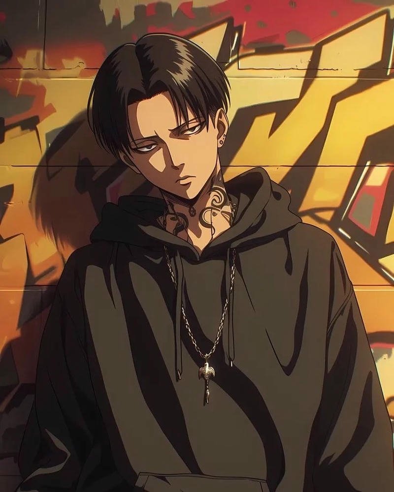 Anime Levi mặc áo hoodie đen phong cách đường phố