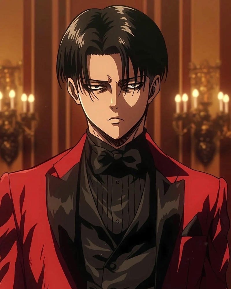 Đội trưởng Levi mặc vest đỏ rượu vang cực quyến rũ