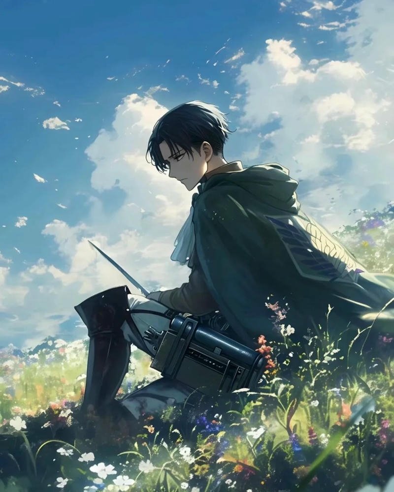 Levi Heichou ngồi trên đồng cỏ xanh ngắm cảnh đẹp