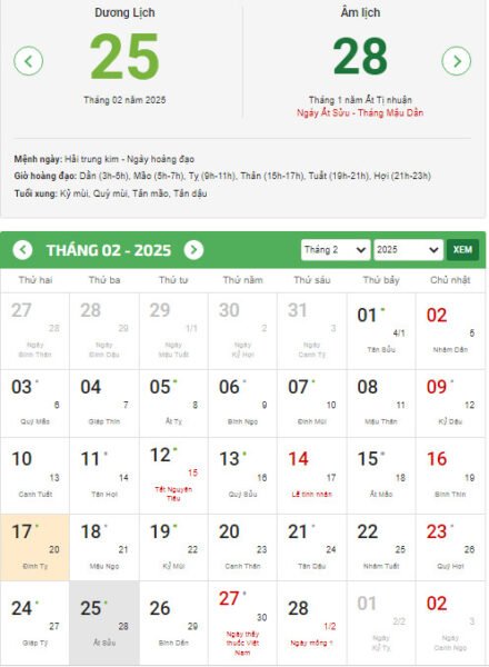 Lịch dương và âm ngày 25 tháng 2, liên quan đến cung Song Ngư