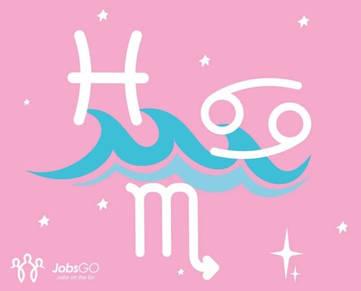 Hình ảnh biểu tượng cho nhóm cung hoàng đạo Nước, với tông màu xanh dương và các yếu tố liên quan đến biển cả.