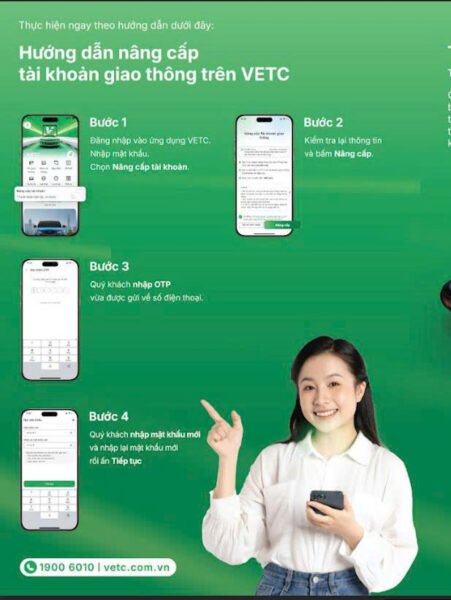 Màn hình ứng dụng VETC hiển thị giao diện đăng nhập và các tính năng chính, hỗ trợ quản lý chuyển tiền từ tài khoản giao thông sang ví VETC