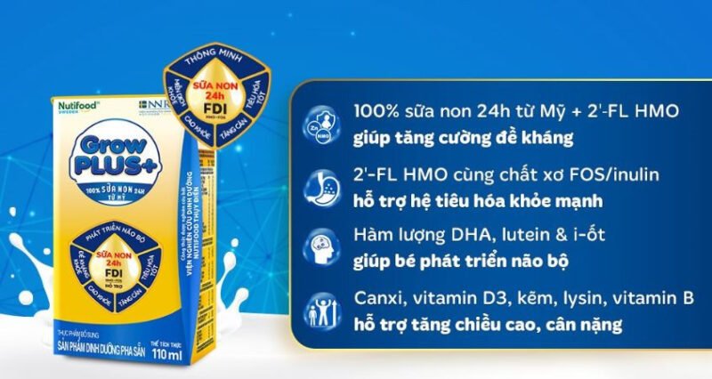 Thùng 48 hộp sữa non pha sẵn Nutifood GrowPLUS+ vàng hương vani 110 ml (từ 2 tuổi)