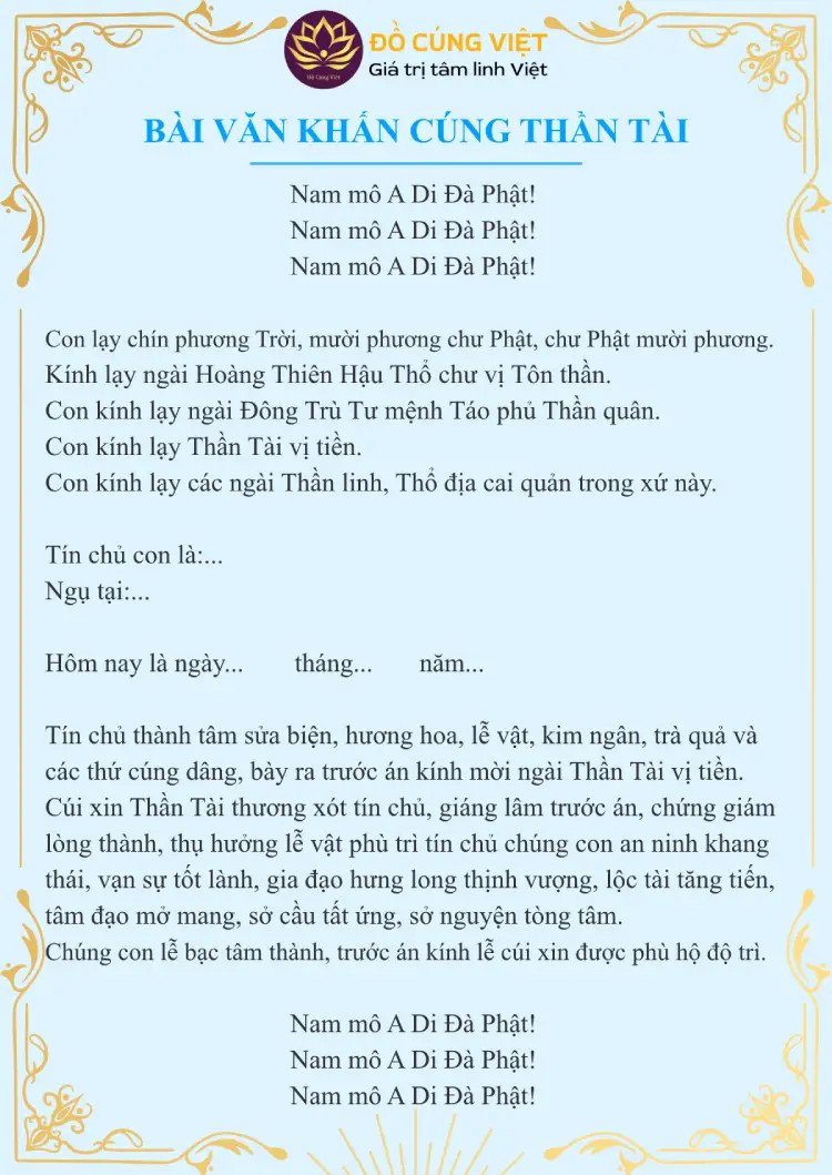 Bài văn khấn riêng Thần Tài trong lễ cúng vía Thần Tài