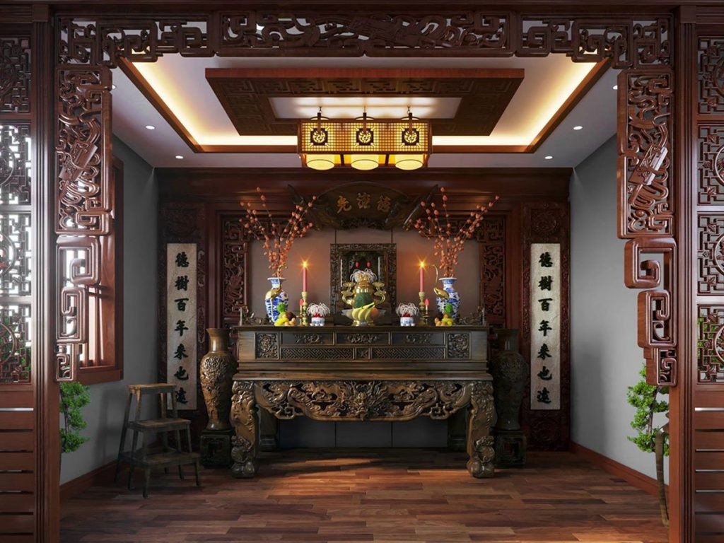 Bàn thờ trang nghiêm trong nhà hướng Tây, phù hợp phong thủy tâm linh, với các vật phẩm thờ cúng truyền thống