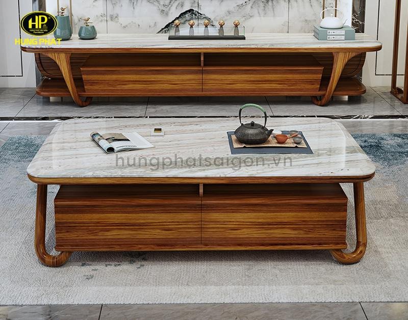 Bàn trà bệt gỗ với mặt đá tự nhiên bền bỉ