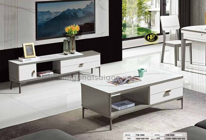 Bàn trà gỗ công nghiệp đơn giản với mặt đá