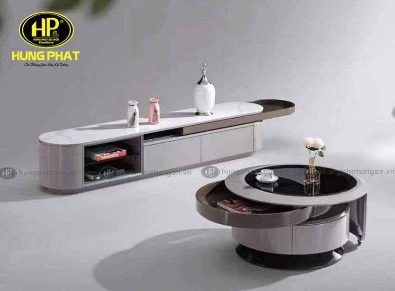 Bàn trà gỗ công nghiệp mặt đá hình tròn