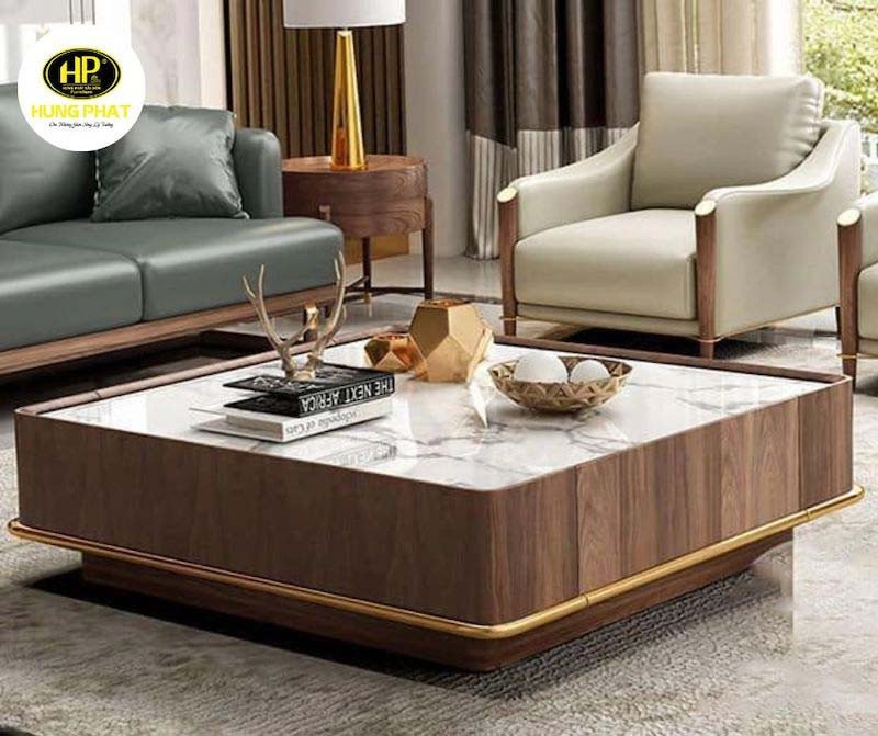 Bàn trà gỗ óc chó vuông mặt đá vân đẹp