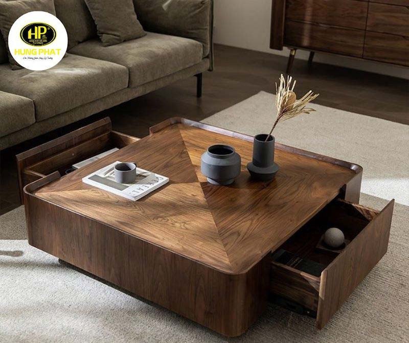 Bàn trà gỗ vuông có ngăn kéo tích hợp