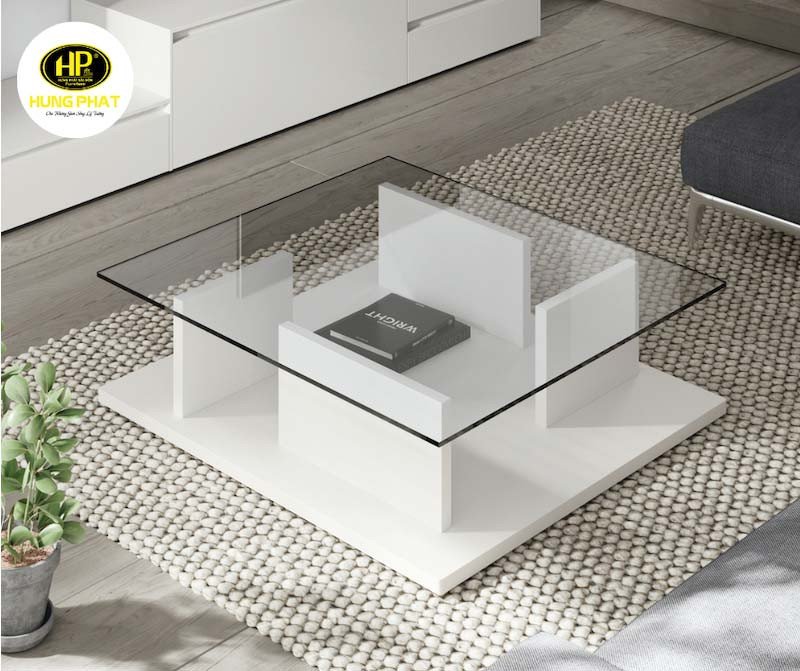 Bàn trà gỗ vuông mặt kính với chân gỗ trắng