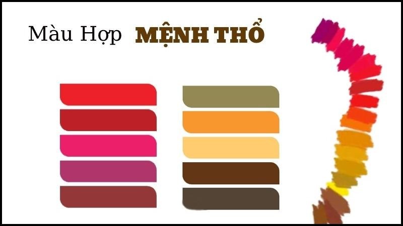 Bảng màu sắc tươi sáng với các tông vàng, nâu đất, đỏ, cam, hồng, tím phù hợp với người sinh năm 2028 mệnh Thổ