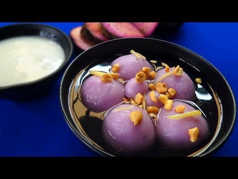 Bát chè trôi nước khoai lang tím tròn đầy cho lễ cúng rằm tháng giêng