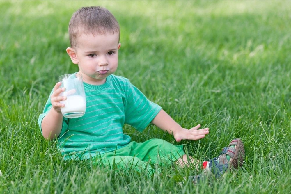 Bé trai uống sữa tươi tốt cho bé ngoài trời, thể hiện sự phát triển khỏe mạnh và năng động.