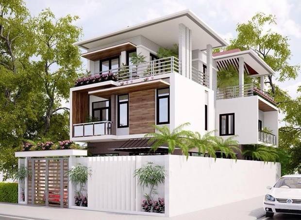 Biệt thự hiện đại với kiến trúc màu trắng, ứng dụng màu sắc thuộc mệnh Kim trong phong thủy nhà ở.