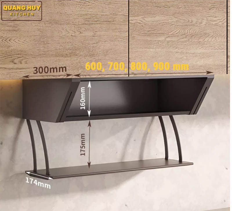 Biểu đồ kích thước chi tiết cho kệ gia vị tủ bếp trên với các thông số chiều rộng, sâu, cao