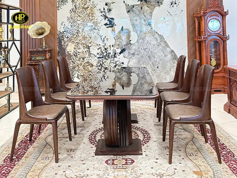 Bộ bàn ăn gỗ sồi 6 ghế hiện đại trong không gian phòng ăn
